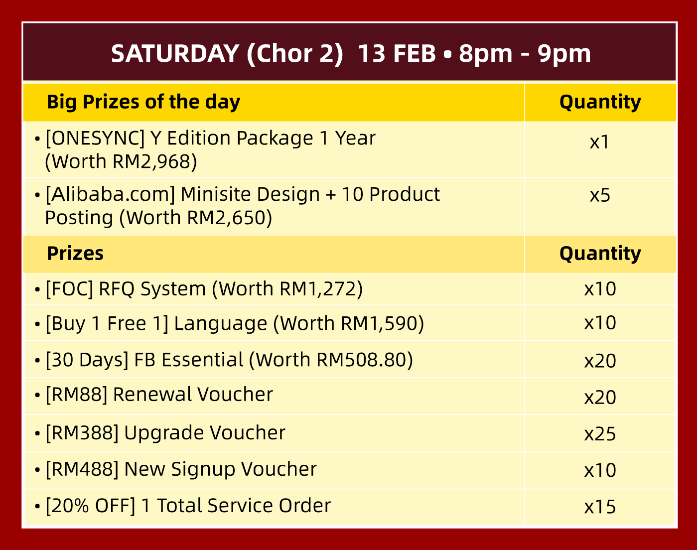 SATURDAY (Chor 2) 13 FEB • 8pm - 9pm